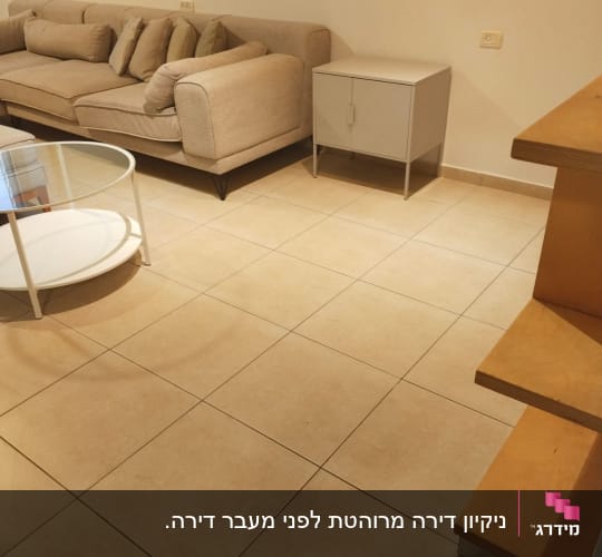 סלון עם ספה, שולחן ומדף על רצפה נקייה